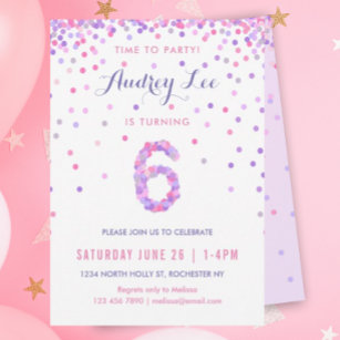 Girls 6th Birthday Sixth Birthday Confetti Party Invitation