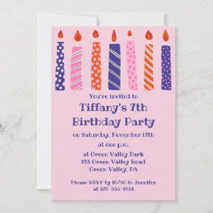 Girl's 7th Birthday 7 Pink, Purple Candles Party Invitation