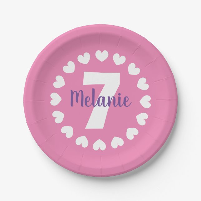 Girl's 7th Birthday party plates with age number (Front)
