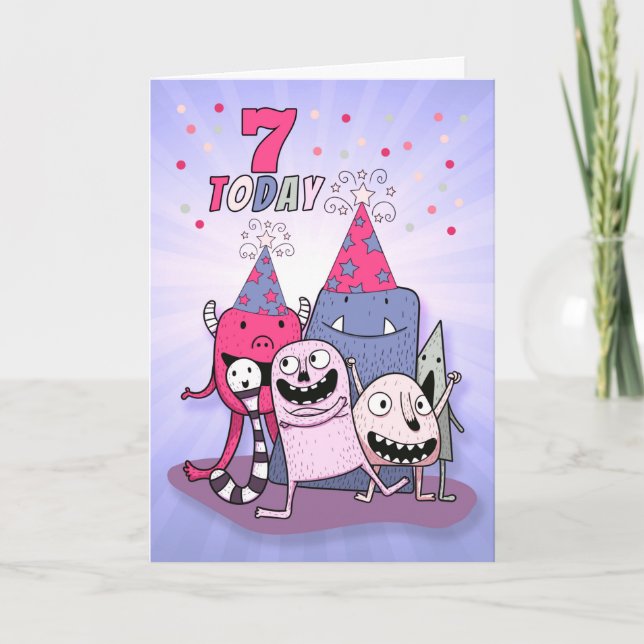 Girls 7th Birthday Pink n Purple Cartoon Monsters Card (Front)