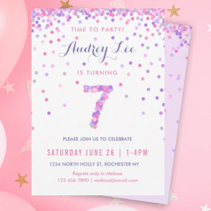Girls 7th Birthday Seventh Birthday Confetti Party Invitation