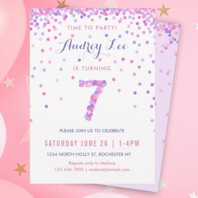 Girls 7th Birthday Seventh Birthday Confetti Party Invitation (Pink and purple confetti for your 7 year old's brithday party!)