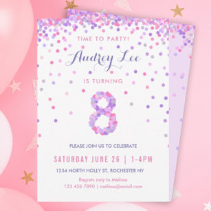 Girls 8th Birthday Eighth Birthday Confetti Party Invitation