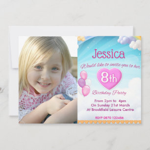 Girls 8th Birthday Party Photo Invitation Pink