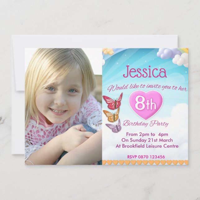 Girls 8th Birthday Party Photo Invites Butterflies (Front)
