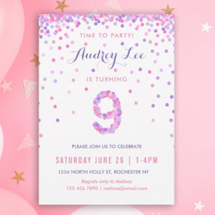 Girls 9th Birthday Ninth Birthday Confetti Party Invitation