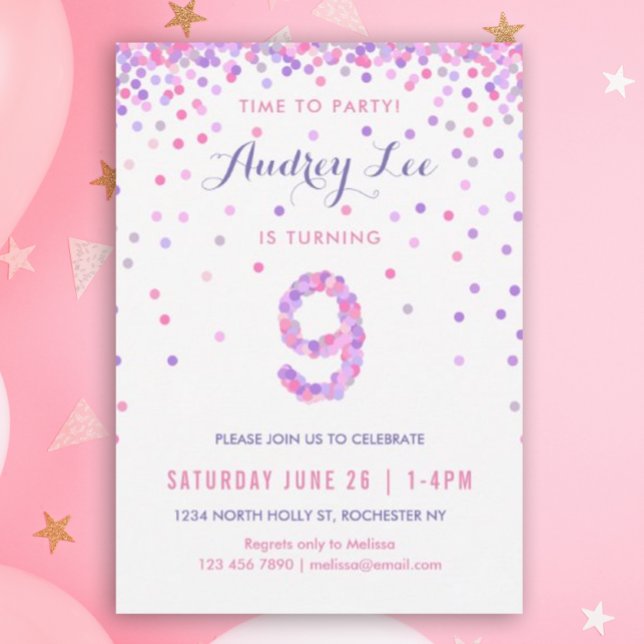 Girls 9th Birthday Ninth Birthday Confetti Party Invitation (Pink and purple confetti for your 9 year old's birthday party!)