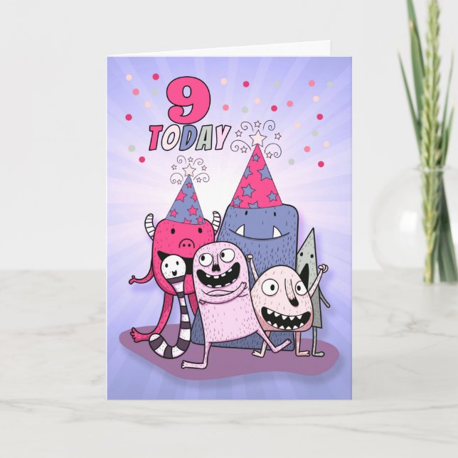 Girls 9th Pink and Purple Monster Birthday Card (Front)