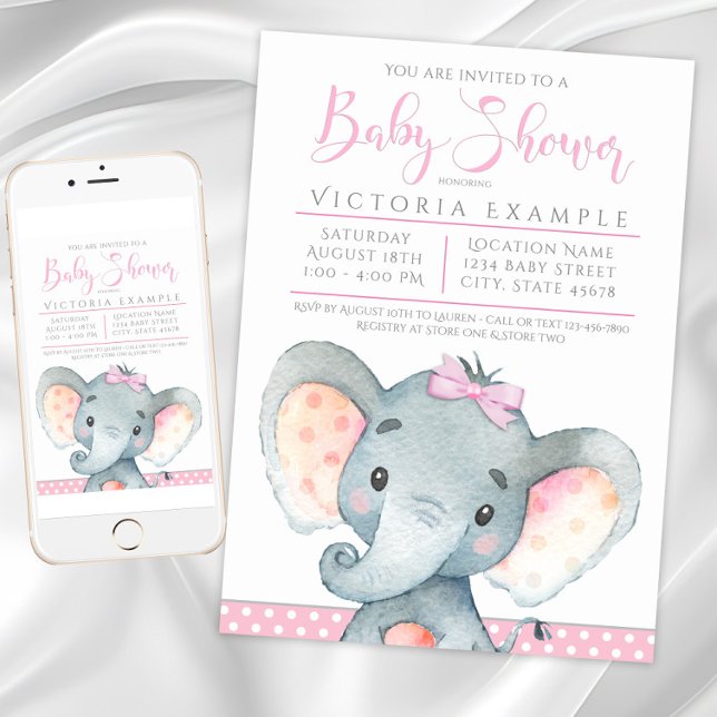 Girls Adorable Elephant Baby Shower Invitations (Girls Elephant Baby Shower Invitations. Instant download and printed invitations available.)