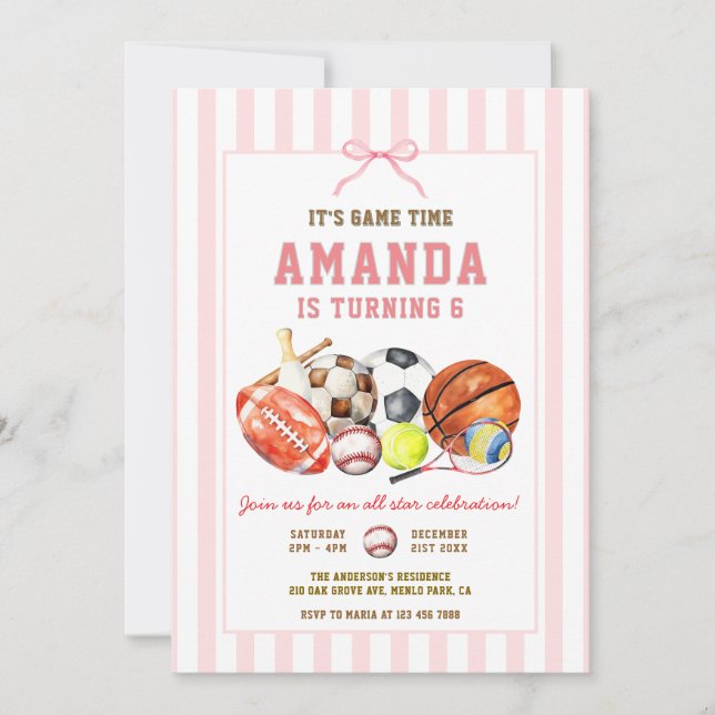 Girls All Star Sports Ball Games Birthday Party Invitation (Front)