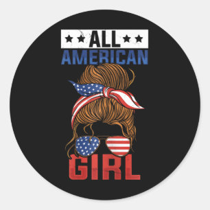 Girls American Flag All American Girl 4th Of July Classic Round Sticker