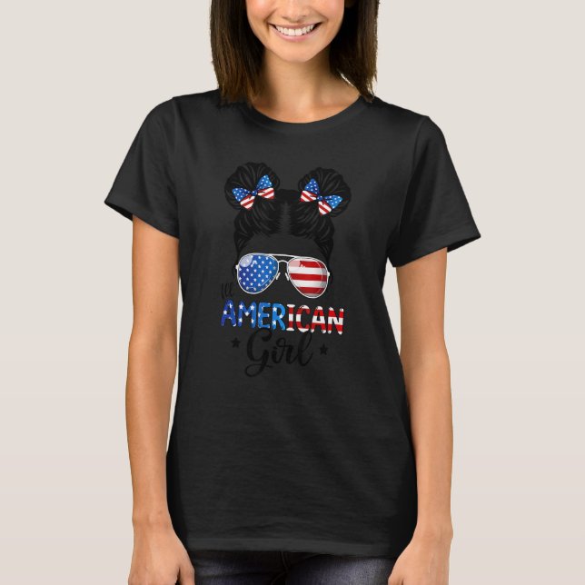 Girls American Flag Sunglasses 4th Of July Messy B T-Shirt (Front)
