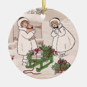 Girls and Pet Pigs Vintage Christmas Ceramic Ornament