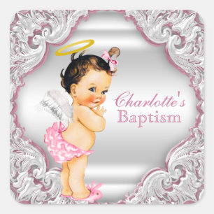 Girls Angel Baptism Christening Square Sticker
