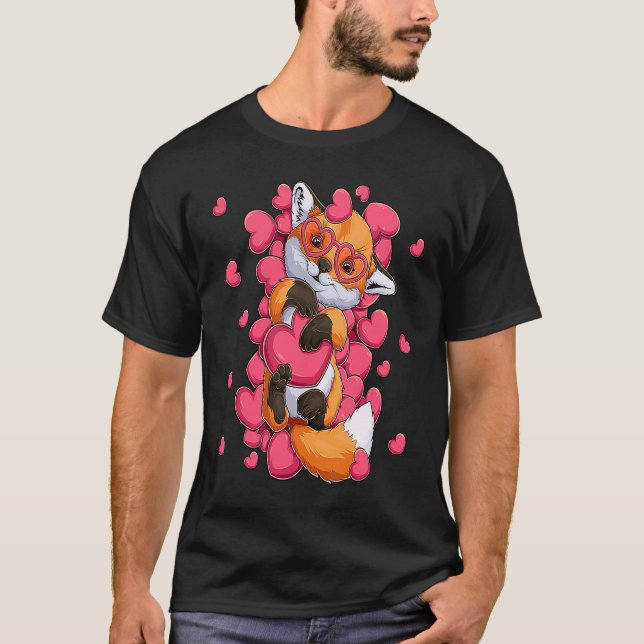 Girls Animal Lovers Fox Heart Glasses Valentine's  T-Shirt (Front)