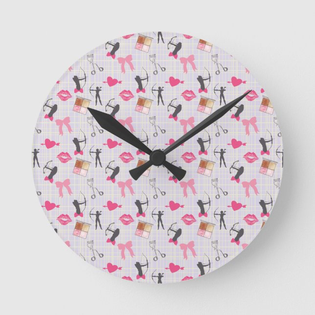 Girls Archery - Girly Hearts and Makeup Round Clock (Front)