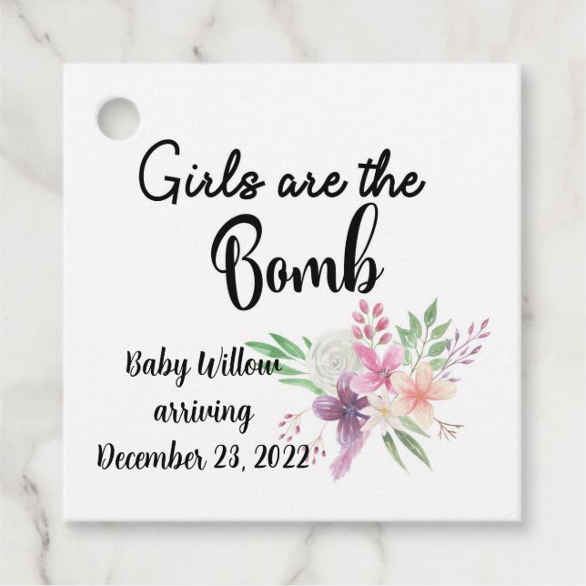 Girls are the bomb, Baby arriving favour tag (Front)