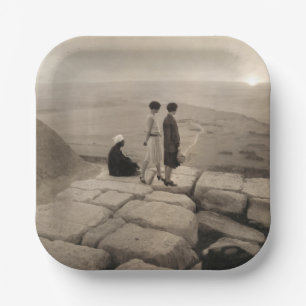 Girls Atop Khufu Pyramid in Egypt Sunrise 1920 Paper Plate