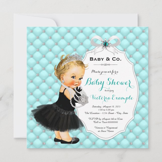 Girls Baby & Co Black Teal Blue Baby Shower Invitation (Front)