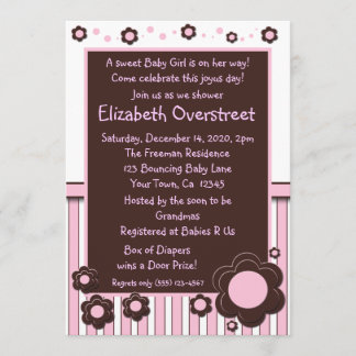 Girls Baby Pink & Modern Brown Daisy Flower Shower Invitation