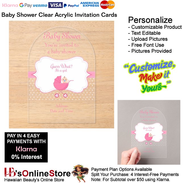 Girl's Baby Shower Clear Acrylic Invitation Card 2 (Girl's Baby Shower Birth Party Supplies Celebrate Clear Acrylic Invitations 2.)