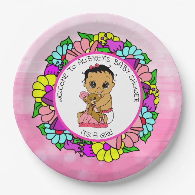 Girl's Baby Shower, Ethnic Baby with Teddy Bear Paper Plate (Front)