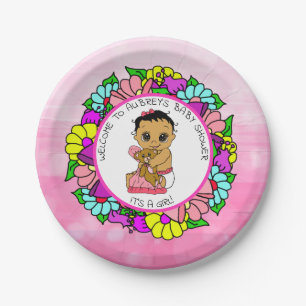 Girl's Baby Shower, Ethnic Baby with Teddy Bear Paper Plate