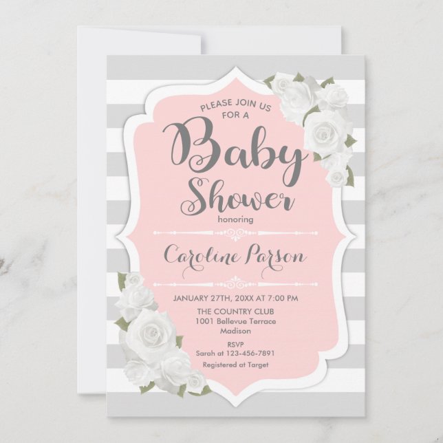 Girls Baby Shower Invitation - Pink Grey (Front)