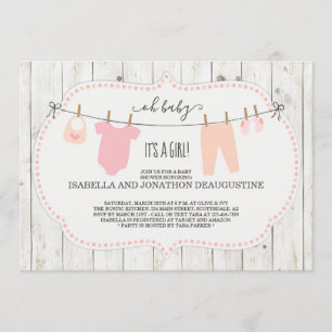 Girl's Baby Shower Invitation   Rustic Clothesline