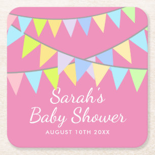 Girl's baby shower party with custom name square paper coaster