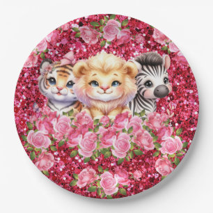 Girl's Baby Shower Pink Glitter Wild Animals Paper Plate