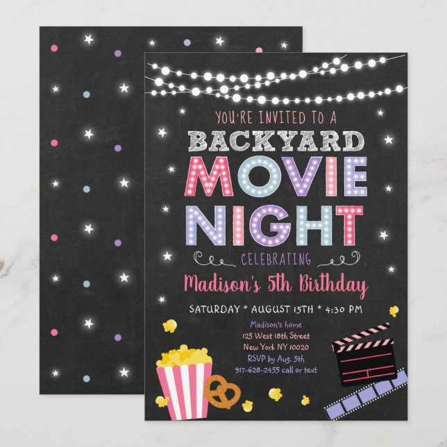 Girls Backyard Movie Night Birthday Invitation (Front/Back)