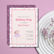 Girls Ballerina Star Birthday Party Invitation 