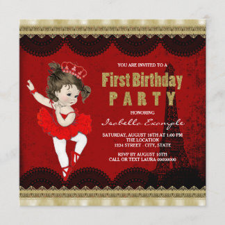 Girls Ballerina Vintage Paris First Birthday Party Invitation