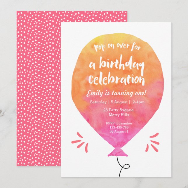 Girls Balloon Birthday Invitation (Front/Back)
