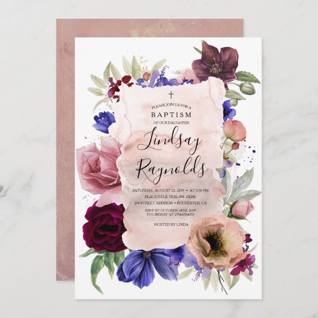 Girls Baptism | Blush Blue Burgundy Red Floral Invitation (Front/Back)