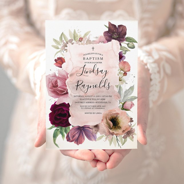 Girls Baptism | Dusty Pink and Burgundy Red Floral Invitation (Creator Uploaded)