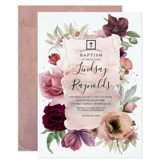 Girls Baptism | Dusty Pink and Burgundy Red Floral Invitation