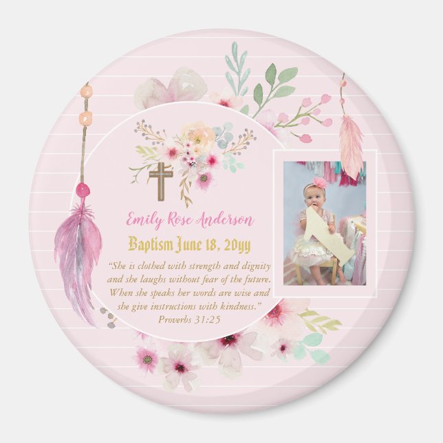 Girls BAPTISM Photo Gift with Bible Verse Magnet (Front)