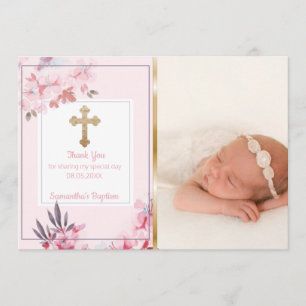 Girls Baptism Thank You   Custom Photo Pink Floral