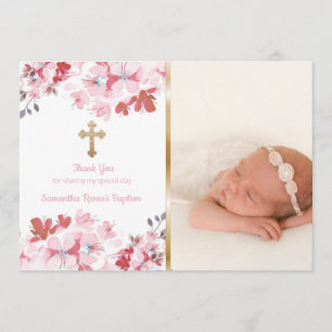 Girls Baptism Thank You   Custom Photo Pink Floral