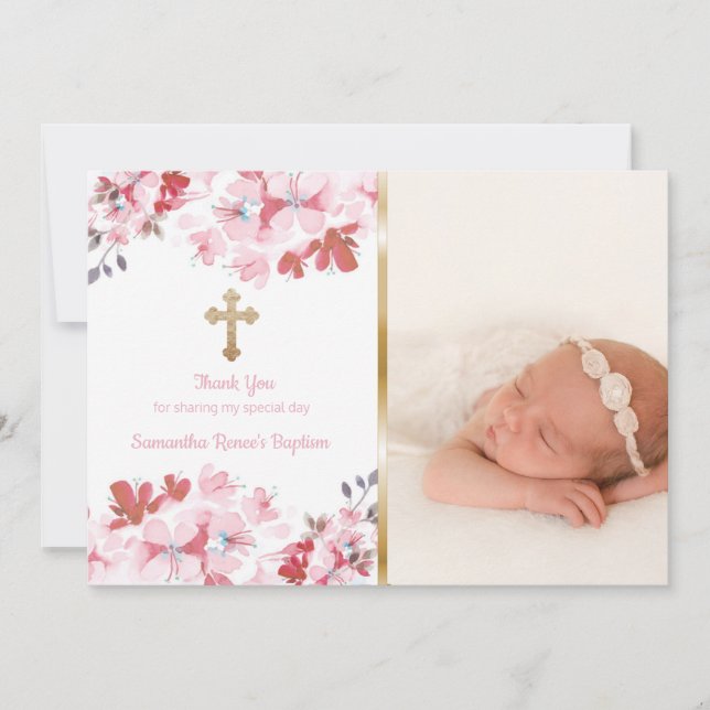 Girls Baptism Thank You | Custom Photo Pink Floral Card (Front)