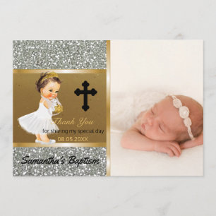 Girls Baptism Thank You Custom Photo Silver Gold Card