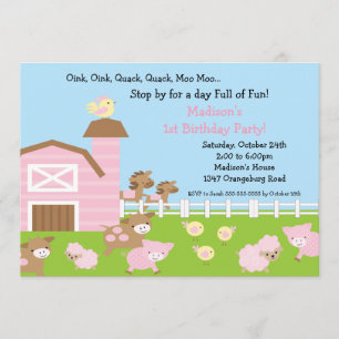 Girls Barn Animal Fun Birthday Party Invitation