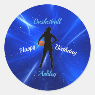 Girls Basketball Blue Birthday Classic Round Sticker