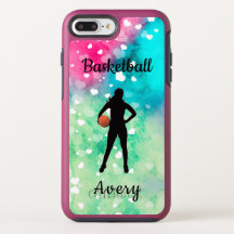 Girls Basketball Watercolor with Floating Hearts 