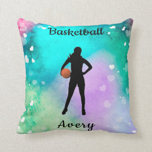 Girls Basketball Watercolor with Floating Hearts   Cushion
