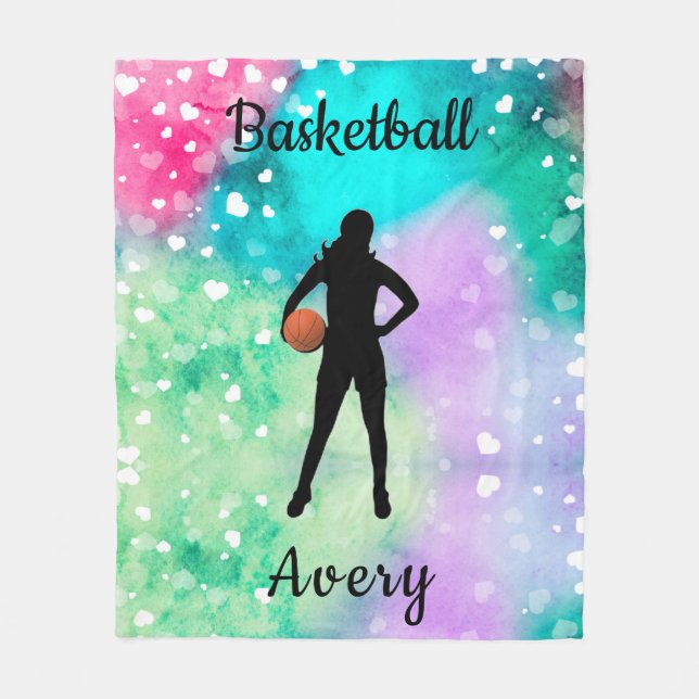 Girls Basketball Watercolor with Floating Hearts   Fleece Blanket (Front)