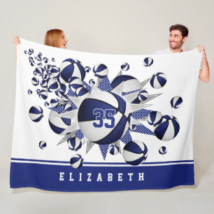 girls basketballs stars blue white fleece blanket