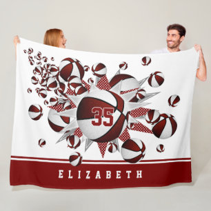 girls basketballs stars maroon white personalised fleece blanket